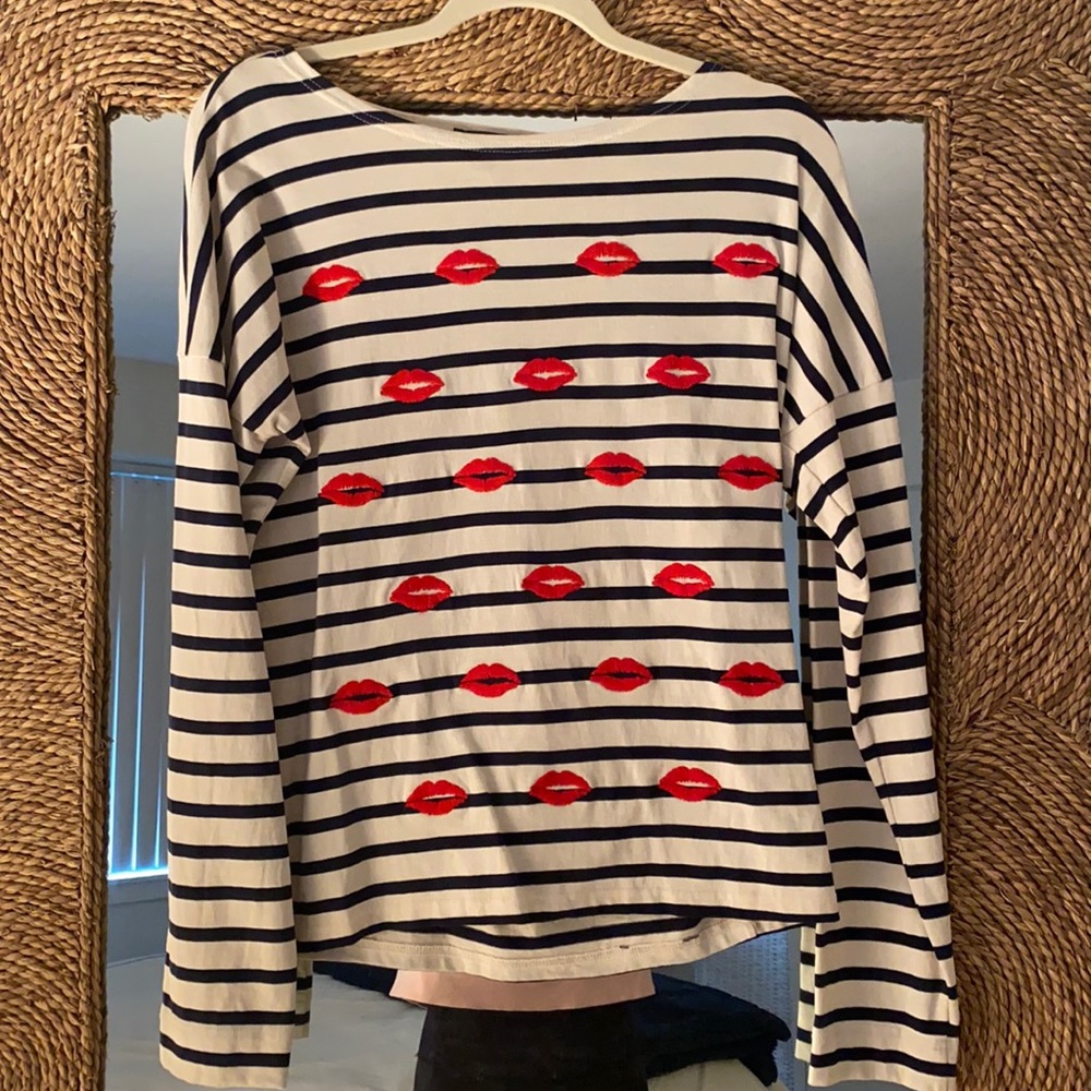 J. Crew Striped Long Sleeve Top with 💋 Embroidery